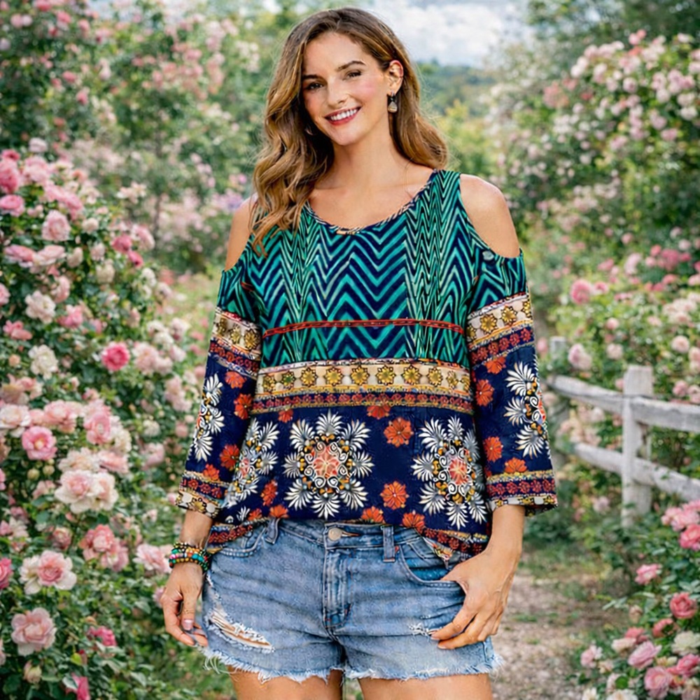 Francesca's Cold Shoulder‎ Floral Medallion Geometric Pattern Small Top